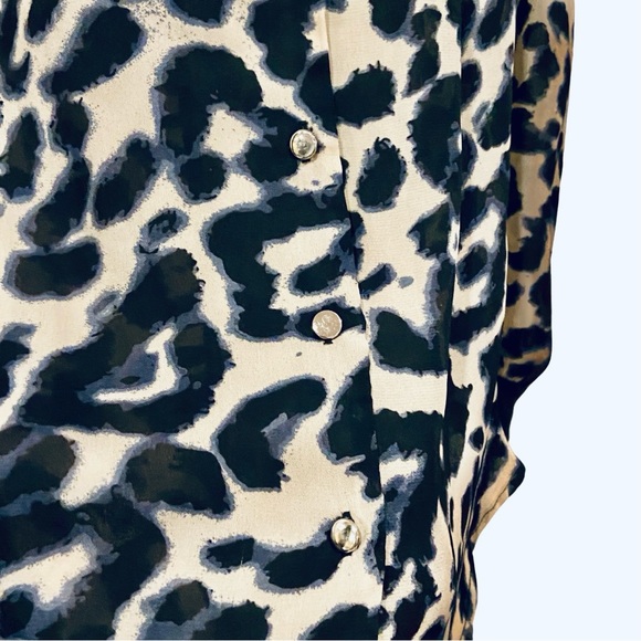 UK2LA Leopard Print Blouse Cool Blue Hue Vegan Leather Trim Gold Buttons - Picture 10 of 14